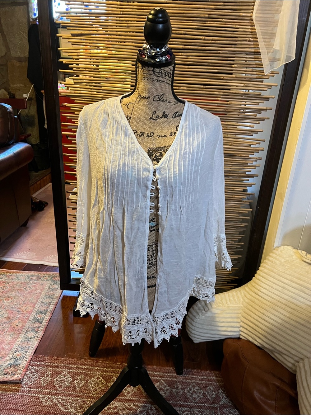 dressbarn Cream Lace-Trim Button Front Tunic